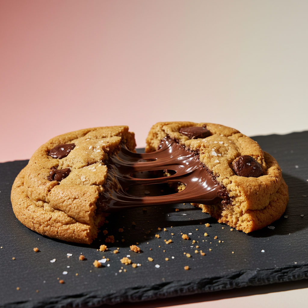 A dramatically broken cookie captured mid-indulgence: a thick, golden-brown cookie split in half, with ribbons of melted dark and milk chocolate stretching between the pieces and scattered crumbs glistening on a matte charcoal slate board. Tiny flakes of sea salt sparkle on the surface. The background is a softly blurred gradient of blush and cream, echoing a playful brand palette. Directional side lighting creates deep, cinematic shadows and pronounced highlights on the glossy chocolate, enhancing texture and decadence. The composition is tight and off-center, using rule of thirds and a shallow depth of field in high-contrast photographic realism, evoking an irresistible, slightly mischievous “treat yourself” mood.