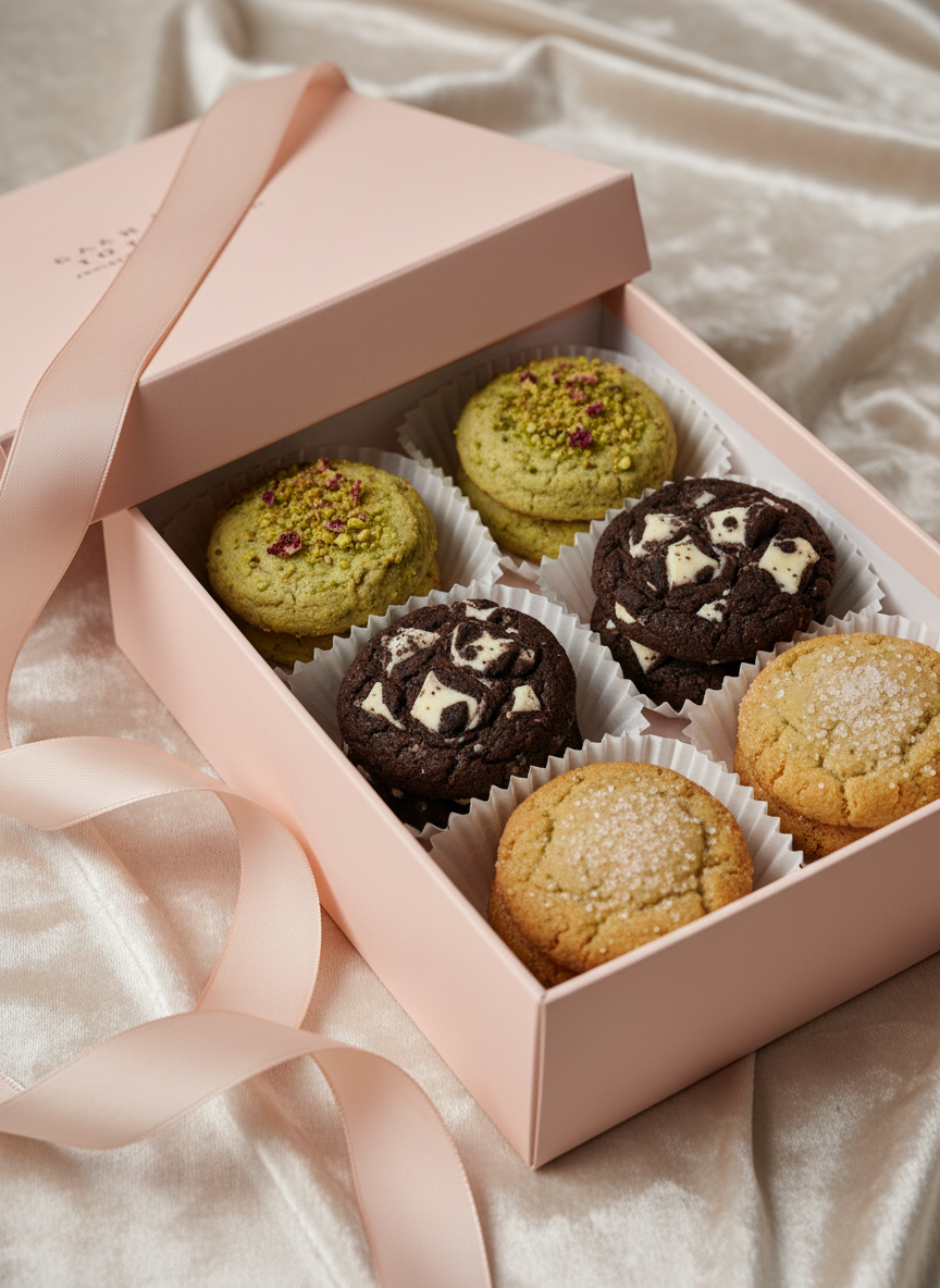 A luxurious cookie gift box partially opened to reveal neatly nested, individually cupped gourmet cookies in varied flavors: pistachio rose with crushed green nuts, cookies & cream swirled with cream-colored chunks, and golden brown sugar cookies with shimmering sanding sugar. The box is a blush pink rigid cardboard with a satin ribbon looped loosely to the side, resting on a creamy velvet-textured surface. Soft studio lighting from above and slightly behind gives a gentle glow, creating subtle highlights along the box edges and delicate shadows between cookies. The mood is celebratory yet accessible, captured at a three-quarter angle with moderate depth of field, in clean photographic realism that emphasizes the sense of thoughtful, upscale gifting at an attainable price.