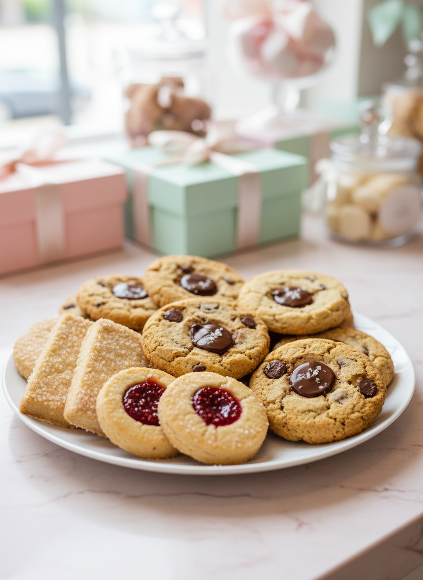 An indulgent assortment of luxury cookies arranged on a glossy white porcelain platter, featuring oversized chocolate chip cookies with molten pools of dark chocolate, glittering sugar-dusted shortbread, and jewel-like raspberry thumbprints. The platter rests on a pale blush marble countertop with subtle veining. Soft, diffused daylight from an unseen window creates gentle highlights on the cookie surfaces and faint shadows around the plate, making the textures pop. The background fades into a creamy bokeh of pastel gift boxes and glass jars, hinting at a chic dessert boutique. Photographed at a slightly elevated angle with shallow depth of field, in a bright, photographic realism style that feels playful, refined, and irresistibly inviting.