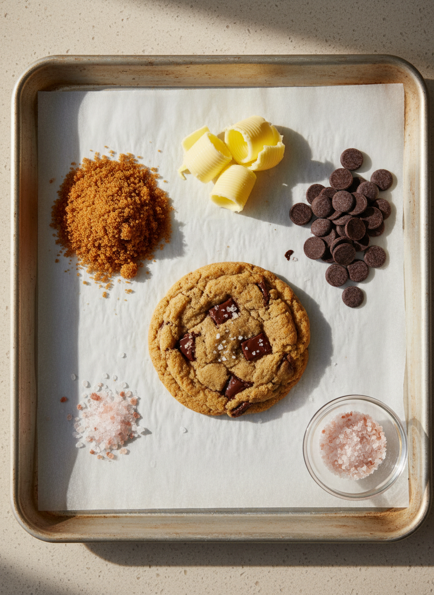 An elegant cookie ingredients scene, deconstructed to show the luxury behind the treat: a small pile of fine dark chocolate discs, a little glass dish of flaky pink sea salt, a mound of golden brown sugar, and a few curls of pale butter on a parchment-lined baking tray. A single finished cookie, thick and golden with visible chocolate chunks, rests at the center as the hero. The tray sits on a soft beige countertop with subtle texture. Overcast, diffused natural light from the side creates a calm glow with gentle, minimal shadows. Shot from a slightly elevated angle with sharp focus across the frame, in clean photographic realism, giving a playful but sophisticated “behind the magic” feel.