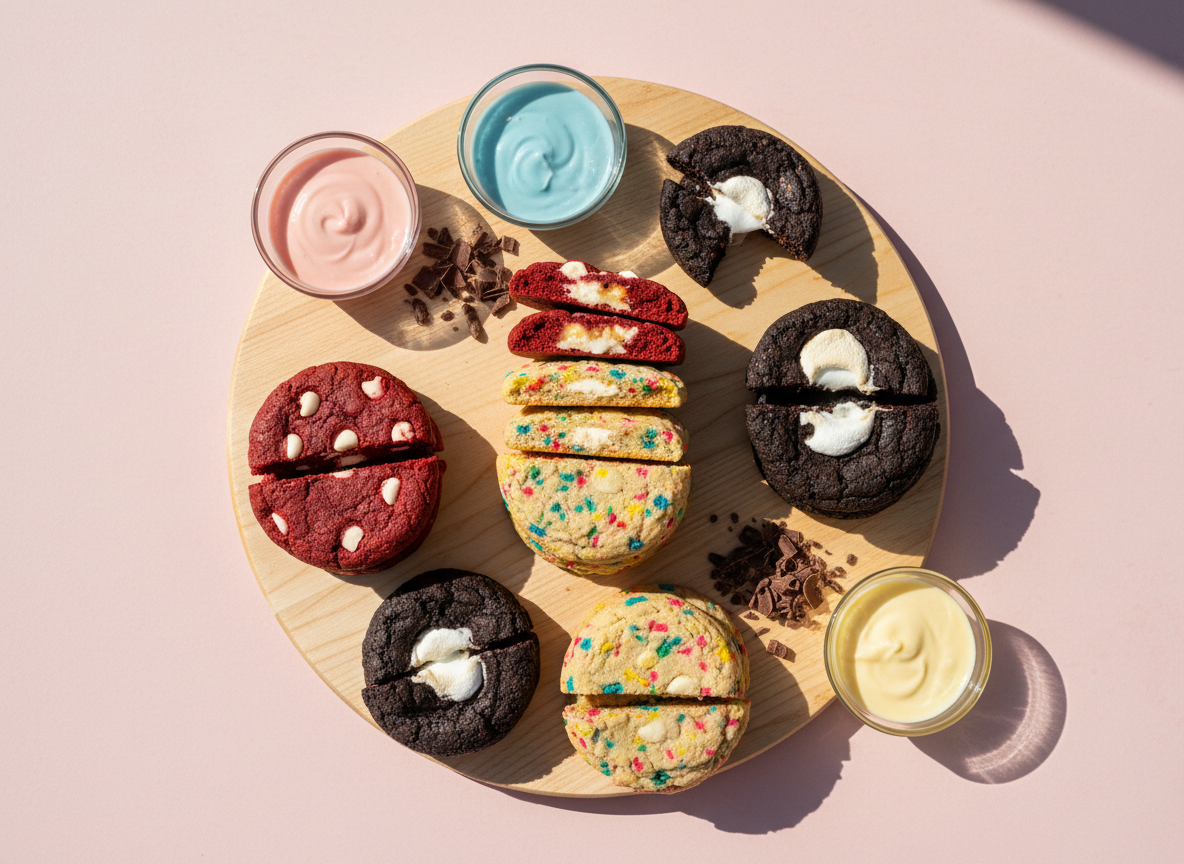 A whimsical cookie tasting spread displayed like a high-end dessert board: neatly stacked cookie quarters showcasing colorful interiors—red velvet with white chips, funfetti with rainbow sprinkles, and dark cocoa stuffed with gooey marshmallow. They are arranged on a pale wooden board with rounded edges, surrounded by tiny glass bowls of pastel icing drizzles and chocolate shavings. The board sits on a soft pink tabletop. Overhead natural light mimics bright afternoon sun, casting soft, defined shadows and making the colors vibrant. Photographed from a top-down, flat-lay perspective with balanced negative space around the board, in a playful, vibrant, photographic style that feels social-media ready and fun.
